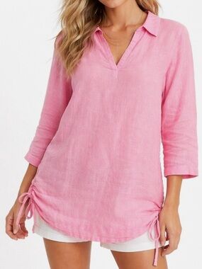Issasc Mizrahi Pink Linen Blend Tunic V-Neck 3/4 Sleeve